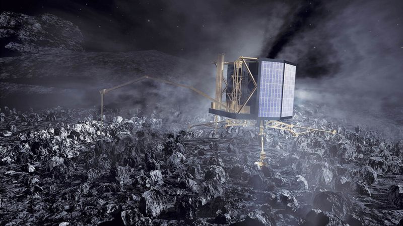 2014 erreicht das Landegerät Philae an Bord der europäischen Sonde Rosetta den Kometen Churyumov-Gerasimenko. Die erste Landung auf einem Kometen hat das Ziel, mehr über die Entstehung unseres Sonnensystems zu erfahren. (Bild: DLR)