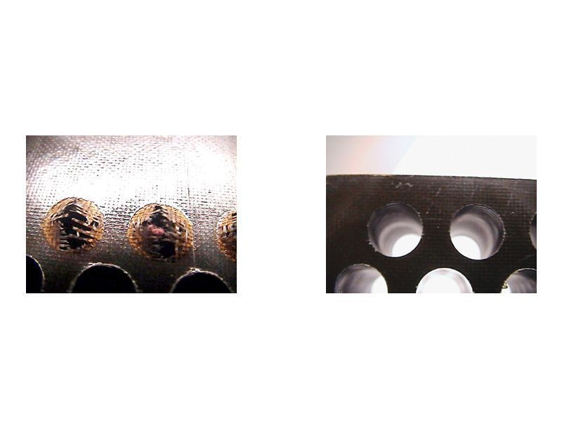Ein sauberes Bohrloch stellt bei Verbundwerkstoffen eine besondere Herausforderung dar. Bei einem verschlissenen oder stumpfen Werkzeug können Bohrlöcher mit ausgefransten Kanten und Delamination entstehen. Rechts und links: akzeptable und nicht akzeptable Bohrlochaustritte. Bild: Onsrud Cutters (Archiv: Vogel Business Media)