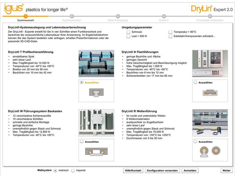Mit der App Drylin Linearführungen Experten von Igus können Anwender einfach geeignete Drylin Linearführungen speziell für Ihre Anwendung finden, konfigurieren und die voraussichtliche Lebensdauer berechnen. (Igus)