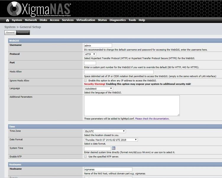 Die WebGUI von XigmaNAS verwaltet Protokoll, Port, Zeitzone und Hostname des NAS und führt die FreeNAS-Codebasis aus dem Jahr 2005 auf FreeBSD-Basis fort. (Bild: Joos)