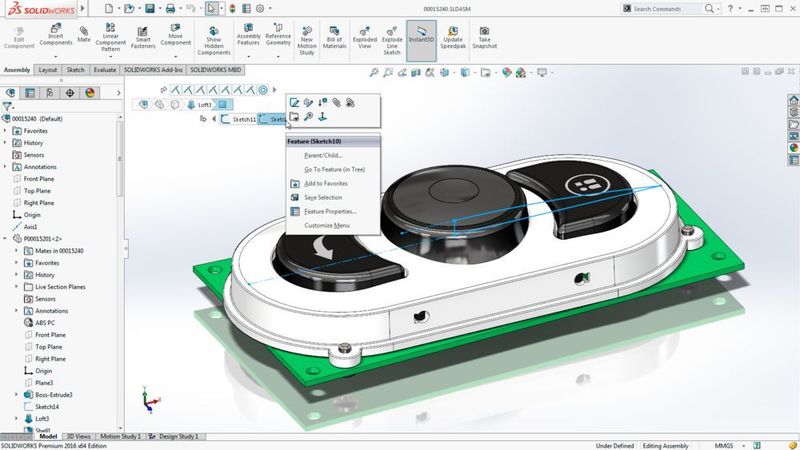 Neue Breadcrumbs für Darstellung und Auswahl von Objekten in einer Modellhierarchie reduzieren die Mauswege deutlich - von 2:46 in Solidworks 2015 auf 1:19 min in Solidworks 2016 für die gleiche Arbeit. (Bild: Solidworks)