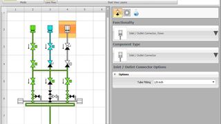 Die überarbeitete Swagelok® MPC-Konfigurationssoftware hat einen Real-View-Ansichtsmodus mit optionaler Stückliste. Zusätzliche Bildschirme zeigen integrierte Flussdaten für eine bessere Durchflussanalyse an, um Ingenieuren beim Systemdesign zu helfen.  (Bild: Swagelok)