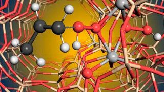 3D-Modell des aktiven Zentrums des Katalysators Titansilikalit-1 mit einem Titan-Paar (hellgrau). (ETH Zürich)