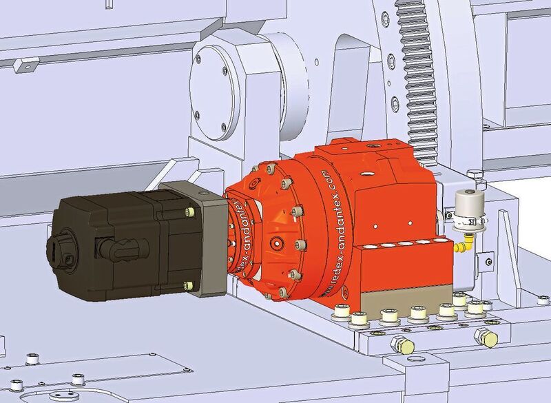 Die Getriebe der Serie KRP/ KRPX wurden speziell für den Einsatz in hochpräzisen Zahnstangenantrieben für Werkzeugmaschinen ent­wickelt. Die CAD-Zeichnung zeigt, wie sich das kompakte Antriebssystem in die Umgebungskonstruktion einfügt.  (MSB GmbH & Co. KG)