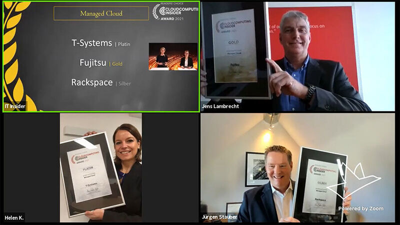 Und zu guter Letzt: Applaus für die Gewinner unserer Leserwahl in der Kategorie „Managed Cloud“. Platin holte sich T-Systems (mit Helen Wohlfarth-Kuhn), Gold gewann Fujitsu (mit Jens Lambrecht) und Silber ging an Rackspace (mit Jürgen Stauber). (Vogel IT-Medien)
