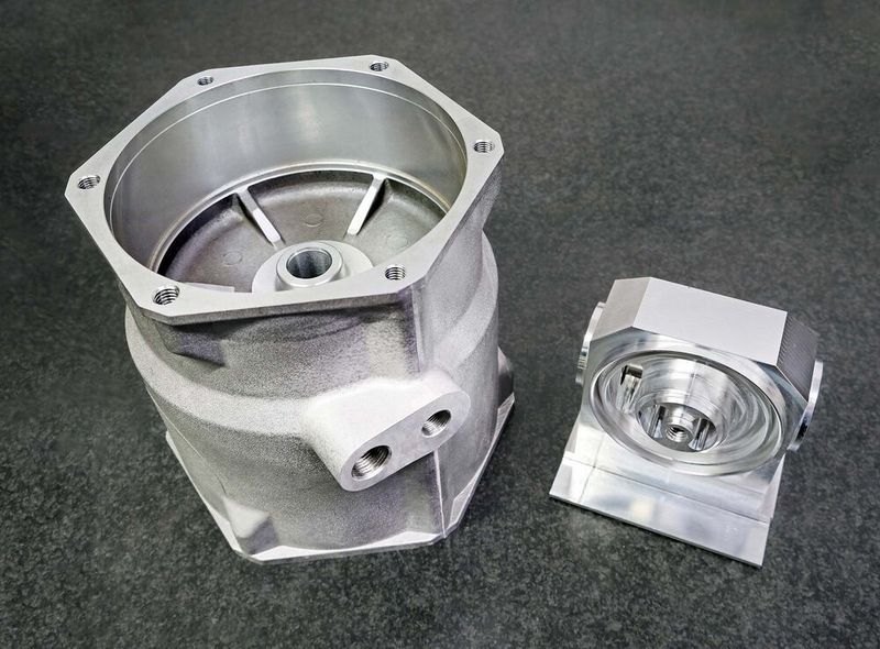 Pictured right is the aerospace component machined in one hit from a solid aluminium billet. On the left is the aluminium casting for the rail industry which, by mounting two at a time on the trunnion, can be completely machined in Ops 1 and 2, without the need for a third operation. (Source: Whitehouse Machine Tools )