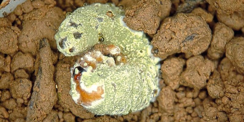 Mit Nutzpilz infizierter Engerling im Versuchsaufbau auf Boden (Bild: Biocare)