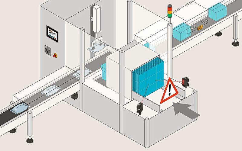 Die Sicherheitslösung für die Kartonagenzufuhr ist für PL d bzw. Kat. 3 nach EN ISO 13849-1 oder SIL CL 2 nach EN IEC 62061 ausgelegt. Insbesondere, wenn die definierte Mindestanzahl an Kartons im Magazin erreicht bzw. unterschritten wird, schalten die Ausgänge der Sicherheitssteuerung – entweder Pnozmulti 2 oder Mypnoz – die Maschine ab und sie stoppt. (Bild: Pilz)