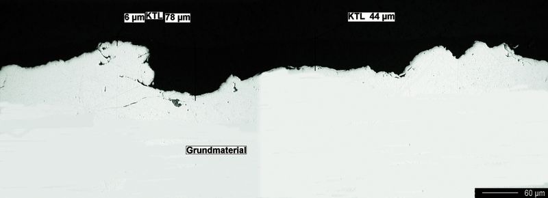Bild 2: Bei 80 µm Oberflächenrauheit (RZ) führt ein Salzsprühnebeltest trotz einer durchschnittlich 40 µm dicken KTL-Schicht zu einer starken Durchrostung. Bilder: IKS Dresden (Archiv: Vogel Business Media)