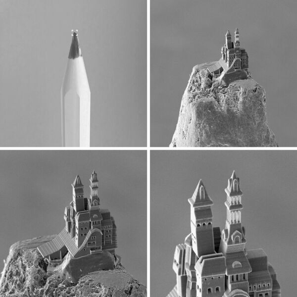 Mit bloßem Auge ist die Burg auf der Bleistiftspitze kaum auszumachen. Unter dem Teleskop offenbart sich dann aber der Detailgrad des Photopolymerdrucks. (UpNano)