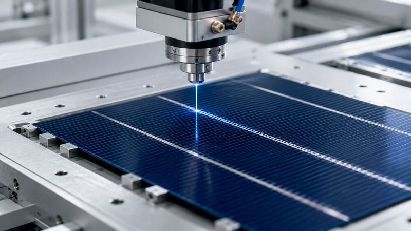 Laser übernehmen in der Solarmodul-Fertigung unter anderem das Strukturieren, Bohren und Trennen empfindlicher Schichten. Entscheidend ist der präzise Energieeintrag, ohne angrenzende Bereiche zu beschädigen.(Bild:  Dall-E / KI-generiert)