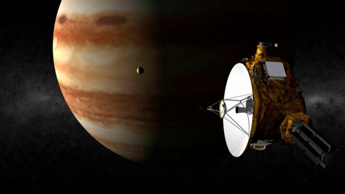 Mission New Horizon: New Horizon trifft Jupiter 2007; New Horizons soars past Jupiter as the volcanic moon Io passes between the spacecraft and planet (Bild: NASA)