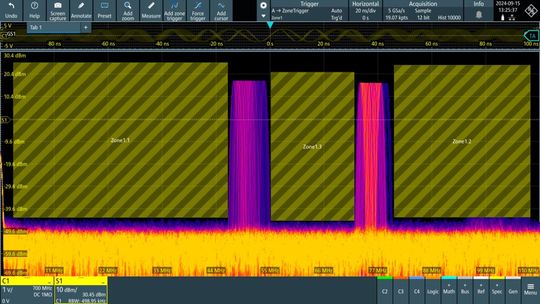 Bild 4b: Der Filter erzeugt hier eine Kombination aus drei Zonenbereichen, die einen Bandpassfilter bilden. Dieser lässt zwei Bänder durch.  (Bild:  Rohde & Schwarz)