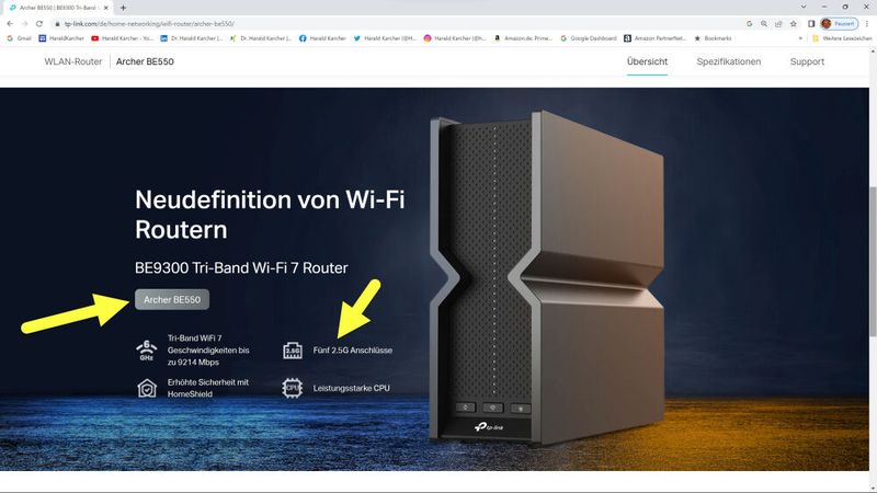 Der TP-Link Archer BE550 liegt in der WLAN-Summe knapp unter 10 Gigabit. Mit 5 Ethernet-Ports zu je 2,5 Gigabit dürfte sein integrierter Switch für viele WLAN-User bestens reichen. (Bild: TP-Link)