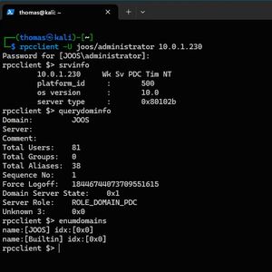 Der Verbindungsaufbau gegen 10.0.1.230 zeigt über "srvinfo", "querydominfo" und "enumdomains" die Plattformkennung 500, den Servertyp 0x80102b, die Rolle ROLE_DOMAIN_PDC mit 81 Benutzern der Domäne JOOS sowie die parallele Existenz der Builtin-Domäne. (Bild: Joos - Microsoft)