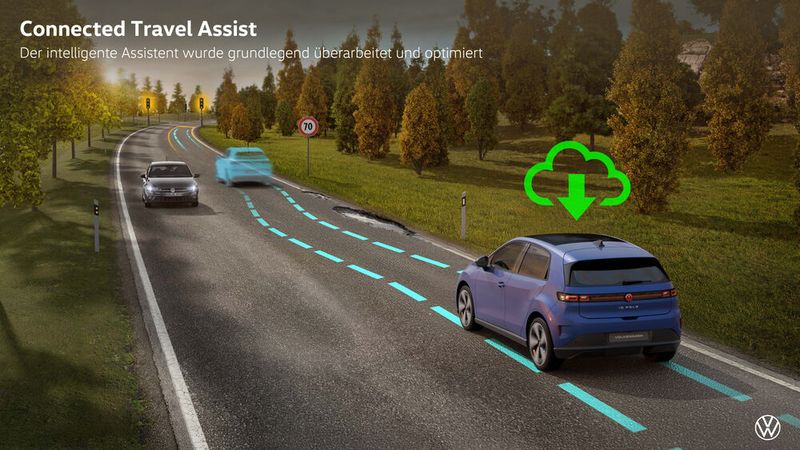 Das Assistenzsystem „Connected Travel Assist“ zur assistierten Quer- und Längsführung reagiert fortan auch auf Ampeln. Erkennt das System eine rote Ampel, bremst es das Fahrzeug automatisch im Rahmen der Systemgrenzen bis zum Stillstand ab. (Bild: Volkswagen)
