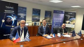 From left to right: Athanasios Georgiadis, Director Account management, Sales and Bids, Thales Hellas; Eric Giraud, Head of Defence business, Thales Alenia Space; Vassilis Tsiamis, Chief Executive Metlen 
Technologies. (Source: Thales Alenia Space)