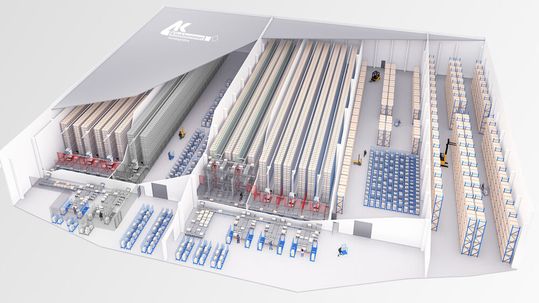 Die Grafik zeigt das von Klinkhammer geplante Tiefkühl-, Frische- und Trockenlager bei Innstolz im niederbayerischen Deggendorf, das der Systemintegrator jetzt dort errichtet.(Bild:  Klinkhammer)
