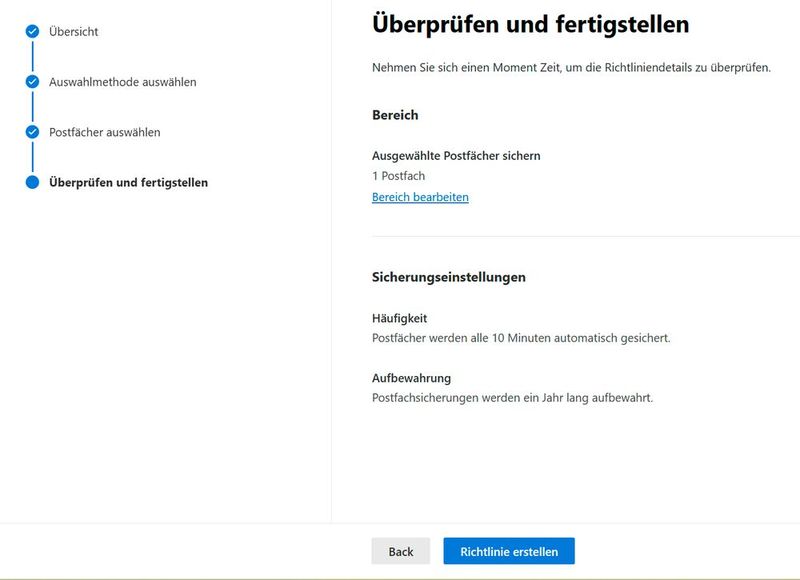 Erfolgreich erstellte Sicherungsrichtlinie in Microsoft 365 Backup. (Bild: Joos – Microsoft)