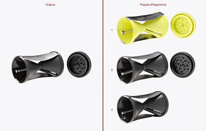 Auszeichnung - Spiralschneider „SPIRELLI“  |  Links Original: GEFU Küchenboss GmbH & Co. KG, Eslohe, Deutschland  |  Rechts Plagiate: 1) Brieftons, Oregon, U.S.A. 2) Tiptop Manufactury Ltd., Hongkong, VR China 3) Ningbo Best Solution Plastic Industry Co., Ltd., Zhejiang, VR China (Quelle: Aktion Plagiarius e.V.)