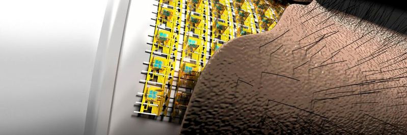 Eine hochintegrierte flexible mikroelektronische 3D-Sensorik nimmt die Bewegung von Härchen auf der künstlichen Haut wahr. Eine hochintegrierte flexible mikroelektronische 3D-Sensorik nimmt die Bewegung von Härchen auf der künstlichen Haut wahr.