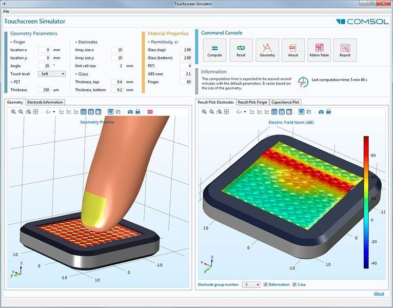 Simulations-App basierend auf dem Modell eines kapazitiven Touchscreen. Der Anwender kann Position und Orientierung eines auf den Touchscreen drückenden Fingers steuern und anschließend die Kapazitätsmatrix berechnen. (Bild: Comsol)