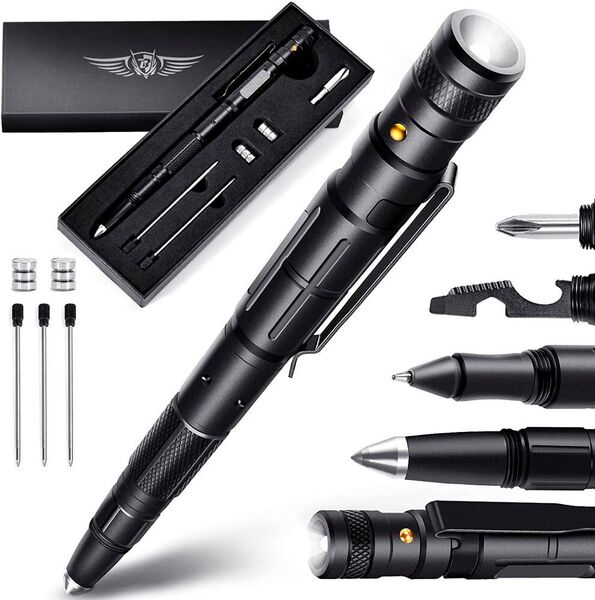Dieser Stift hat mit Multi-Werkzeugkopf, Kugelschreiber, Taschenlampe und Glasbrecherspitze acht Werkzeuge für den täglichen Gebrauch.  (Gefunden bei: www.amazon.de)