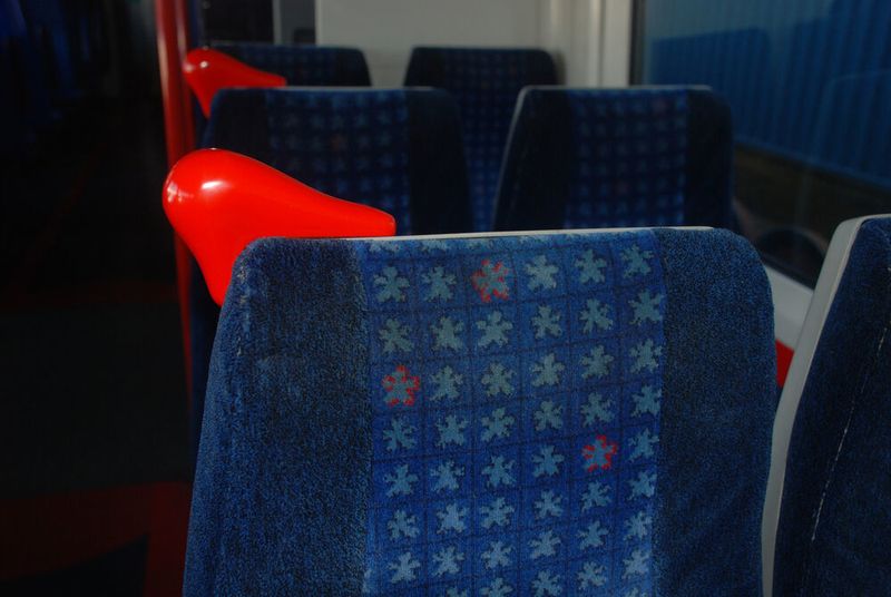 Seen here are 3D-printed grab handles on the train. (Stratasys)