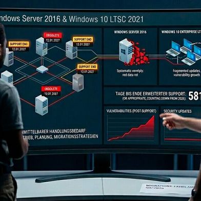Am 12. Januar 2027 verlieren Windows Server 2016 und Windows 10 LTSC 2021 ihre Updateversorgung. Offene Schwachstellen bleiben danach dauerhaft ungepatcht. (Bild: Gemini / KI-generiert)
