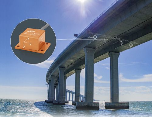 (Beschleunigungssensoren messen an der Hongkong-Zhuhai-Macau-Brücke die Schwingungsfrequenzen der Betonpfeiler. Bild: tmlau/shutterstock.com/Montage K+P)
