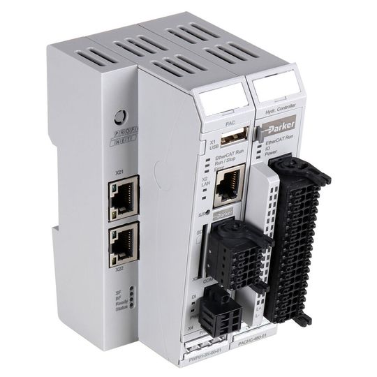 Ein PAC120 als kompakte SPS kann mit mehreren PACHC-Reglerbaugruppen für die Positions- oder Kraft-/Druckregelung von bis zu 40 hydraulischen Achsen kombiniert werden. (Bild:  Parker Hannifin)