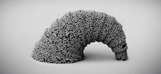 Nein, das ist kein pickeliger Krebs, der den Kopf in den Sand steckt! Das ist ein Mikro-„Croissant“, hergestellt aus SiO2-Partikeln nach einer ganz besonderen 3D-Methode: Der optofluidischen 3D-Mikro- respektive -Nanofabrikation. Damit geht mehr als mit der 2-Photonen-Polymerisation ...(Bild:  MPI-IS / X. Lyu)