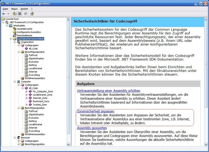 Über das .NET-Konfigurations-Tool können die Einstellungen zur Vertrauenswürdigkeit der .NET-Sicherheitszonen geändert werden. (Archiv: Vogel Business Media)
