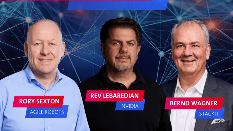 Auf der Center Stage werden Zukunftsthemen der industriellen Produktion besprochen. Mit dabei sind unter anderem Rory Sexton von Agile Robots, Rev Lebaredian von Nvidia und Bernd Wagner von Stackit. (Bild:  Deutsche Messe)