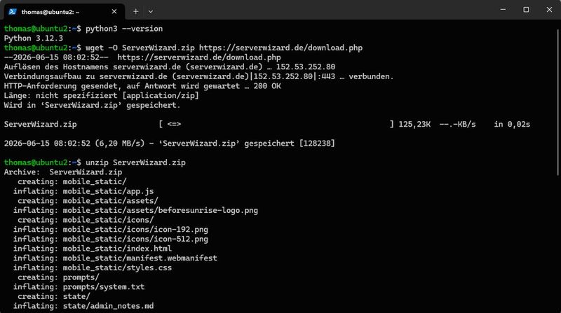 Die Prüfung der Python-Version, der Download des Pakets über wget und das Entpacken mit unzip laufen unter Ubuntu in wenigen Schritten ab. (Bild: Joos - Canonical - BeforeSunrise)