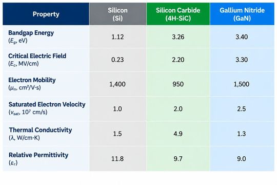 Figure 2: Fundamental physical properties at room temperature (300 K) of primary semiconductor materials for power applications (Si, 4H-SiC, GaN). (Source:  B. J. Baliga, "Fundamentals of Power Semiconductor Devices," Springer Science & Business Media)