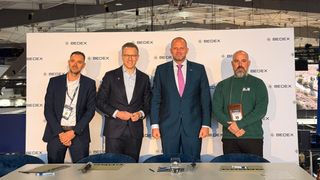 From left to right: Ken Spruyt (Nokia), Brian Moran (Anduril Industries), Theo Francken (Belgian Minister of Defence), and Michaël Rummens (COBBS BELUX) at the announcement of a consortium to develop sovereign counter-drone capabilities in Belgium at the Bedex defence exhibition in Brussels on March 13. (Image:Nokia)