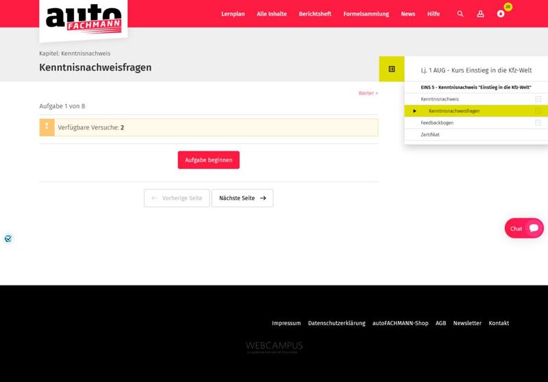 Auszubildende haben nun immer zwei Versuche, um einen Kenntnisnachweis digital zu bearbeiten. Nach wie vor können Ausbilder ihren Auszubildenden zusätzliche Versuche freischalten. Es zählt der letzte Versuch, auch wenn beim ersten Versuch mehr Antworten richtig waren! (Bild: VCG, Screenshot autoFACHMANN)