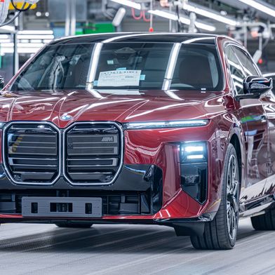 Start in Dingolfing: die facegeliftete 7er-Baureihe mit neuer Front. Markant sind die „Iconic Glow“-Niere und die dank Kristallleuchten funkelnden Tagfahrlichter. (Bild: BMW)