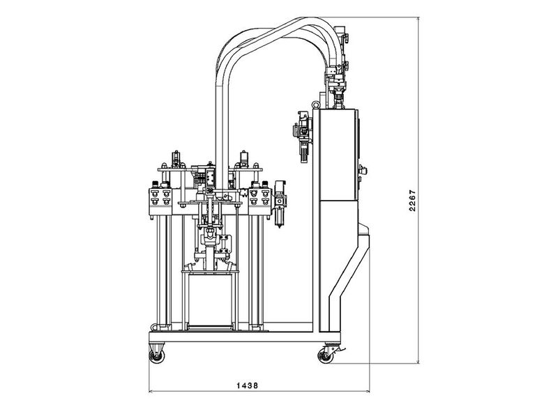 Dosiermaschine Sonderhoff DM80 Static Mix in frontaler und seitlicher Ansicht,  mit den Abmessung (B/T/H) 1200 x 1438 x 2267 mm. (Bild: Henkel)
