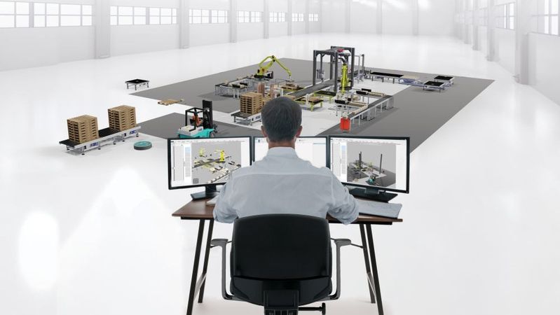 Mit der 3D-Simulationssoftware Visual Components optimiert Bosch Rexroth seine Materialflüsse digital.(Bild:  Visual Components)