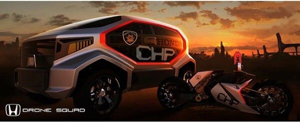 Die CHP Drohnen-Squad von Honda North America besteht aus einer Autodrohne, die sich sowohl als bemannter als auch als autonomer Streifenwagen einsetzen lässt und während der Fahrt fahrerlose Motorräder aussenden kann (Bild: Honda R&D Americas, Inc., Advanced Design Studio)