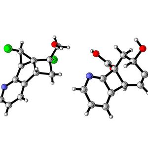 Kristallstrukturen von zwei Produkten aus der Cycloaddition. Links: ein einzigartiges kondensiertes fünf-, vier- und dreigliedriges Ringsystem; rechts: ein vier- und sechsgliedriges Gerüst. Die Kohlenstoffatome sind grau, die Wasserstoffatome weiß, die Stickstoffatome blau, die Sauerstoffatome rot und die Chloratome grün dargestellt.(Bild:  WWU – Peter Bellotti)