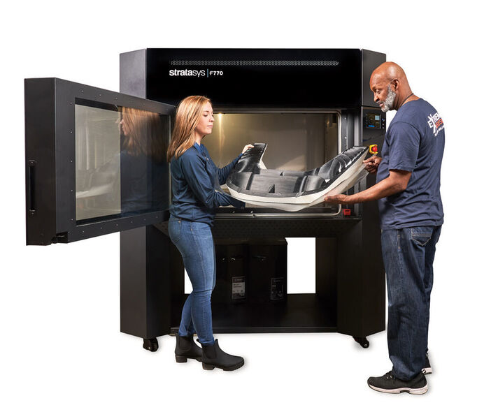The F770 3D printer from Stratasys features the longest fully heated build chamber available on the market — with a diagonal of almost 117 cm. (Stratasys)