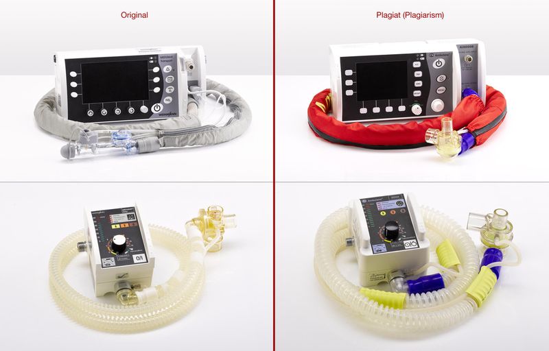 Plagiarius 2015  -  3. Preis Notfall-Beatmungsgeräte „MEDUMAT Easy“ und „MEDUMAT Transport“ Links Originale:	WEINMANN Emergency Medical Technology GmbH + Co. KG, Hamburg, Deutschland Rechts Plagiate:	Ambulanc (Shenzhen) Tech Co., Ltd., Shenzhen, VR China  (Bild: Aktion Plagiarius e.V.)