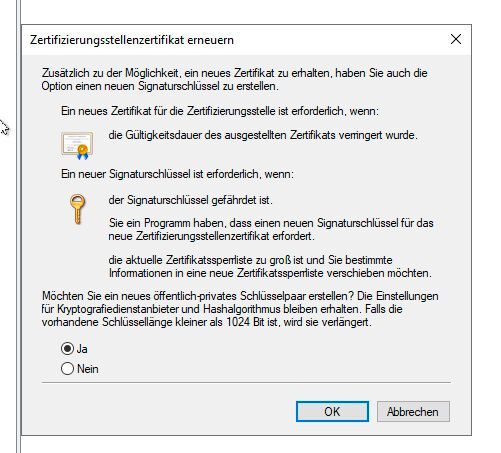 Aktualisieren des Zertifizierungsstellenzertifikates nach der Änderung des Hashalgorithmus. (Bild: Microsoft / Joos)