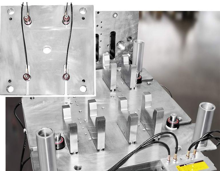Bild 3: Gasdruckfedern werden bei Drei-Platten-Spritzgießformen innenliegend platziert. Der Gasdruck für die Hubbewegung der Zwischenplatte lässt sich elektronisch überwachen. Bilder: Fibro (Archiv: Vogel Business Media)