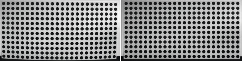Kalibrieren: Damit die Wand als gerade Fläche erscheint, kann sie mit einer Punktmatrix kalibriert werden. Auf der linken Seite ist das Bild der Wand nicht kalibriert, auf der rechten Seite ist es kalibriert. (National Instruments)