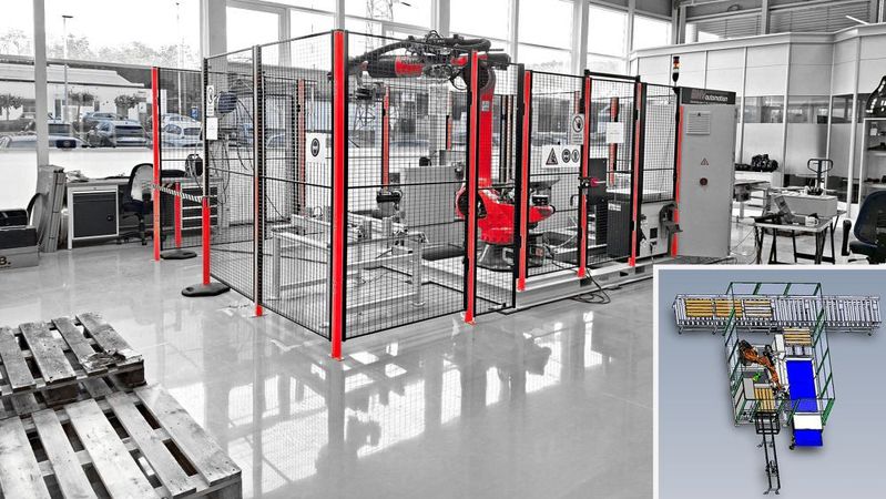 Maximale Wertschöpfung durch präzise, automatisierte Zerlegung: die Sondermaschine für Paletten-Recycling von BHV-Automation. Das System besteht aus einem Industrieroboter mit Systemgreifer, einer speziell entwickelten  Sägeeinheit und einer intelligenten Software. (Bild:   BHV-Automation)