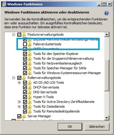 Abbildung 2:  Die Featureverwaltungs- und Rollenverwaltungstools bauen wie beim Server ihre Dienstknoten in den Server-Manager. Empfehlenswert ist es, nur die tatsächlich benötigten Tools zu aktivieren, damit es zu keinen Fehlermeldungen auf der Clientkonsole kommt. Benötigt man beispielsweise keine Clustertools, sollten diese auch nicht ausgewählt werden. (Archiv: Vogel Business Media)